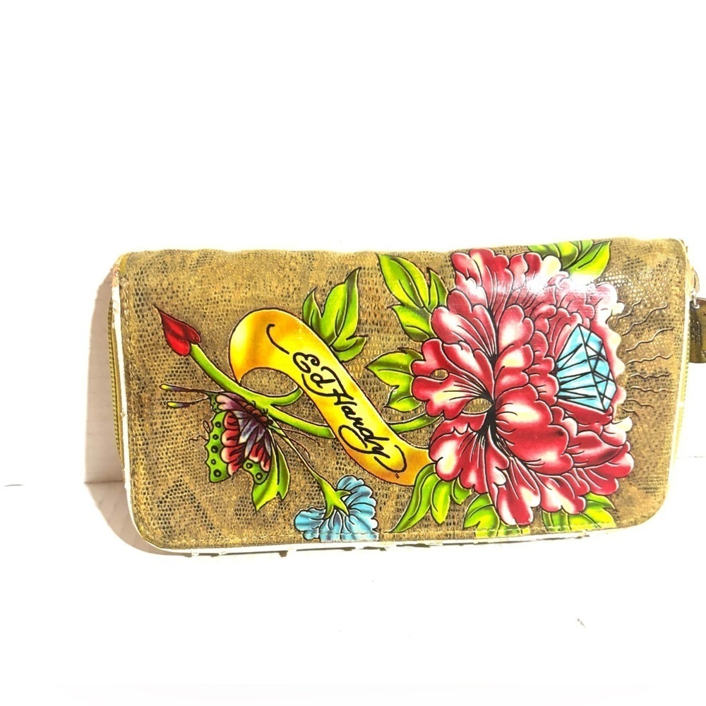 Ed Hardy Women's Wallet with Floral and Tattoo Design - Brown and Red